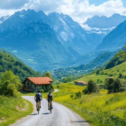Vélos sur une piste cyclable au milieu des montagnes autrichiennes